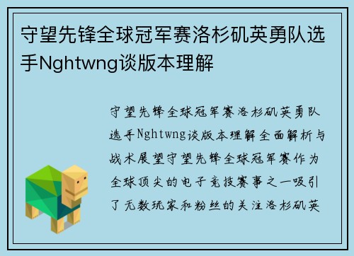 守望先锋全球冠军赛洛杉矶英勇队选手Nghtwng谈版本理解